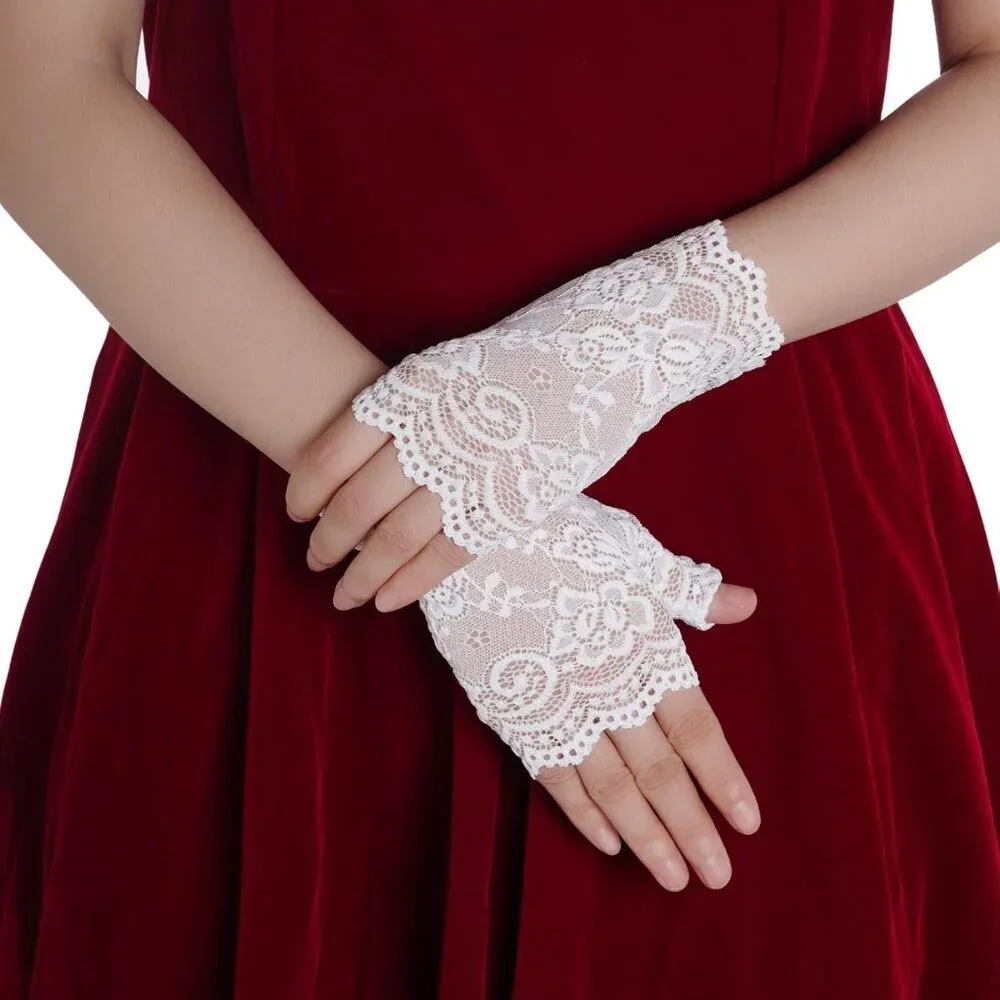 Women's 2 Pairs White Lace Fingerless Gloves Party Prom Costume Accessories